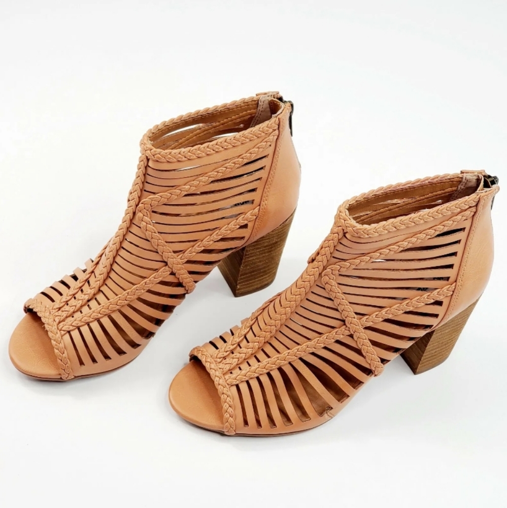 Leather Heeled Booties Braided Open Toe 'Not Rated' Back Zip Women's Size 6 - Picture 7 of 11